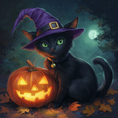 Fototapeta premium Halloween Black Cat with Witch Hat and Glowing Pumpkin
