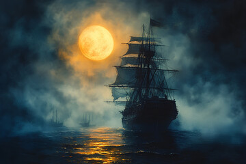 Fototapeta premium Pirate ship, haunted by ghostly crew, full moon above, eerie mist, Watercolor style