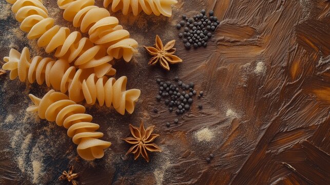 Pasta integral y macarrones se disponen sobre un fondo marr&oacute;n, celebrando su belleza natural y frescura.