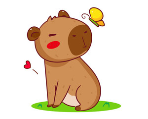 Cute Capybara and butterfly Cartoon Vector. Adorable and Kawaii Animal Concept Design. Hand drawn style. Icon Mascot Logo Illustration. Isolated White Background.