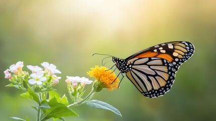 Fototapeta premium A stunning butterfly rests on a vibrant flower, capturing the essence of nature's beauty. The soft background enhances the colorful details of this serene scene.