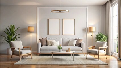 description: A contemporary brightly lit living area with sleek furnishings and an empty white frame for personalized art