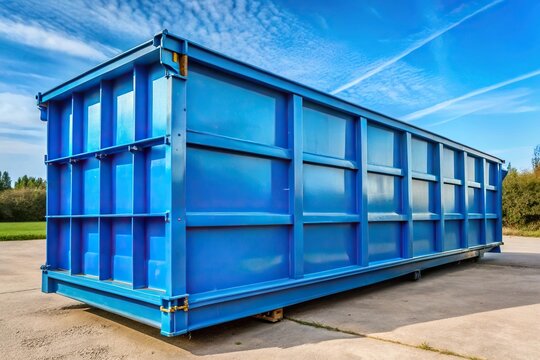 description: A low angle view of a sizeable blue dumpster