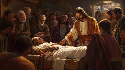 A painting of Jesus Christ healing a sick woman with a group of people around Him