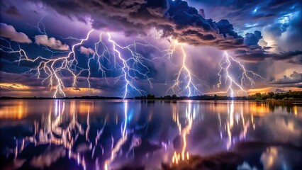 description: A stunning image of a thunderstorm with vibrant lightning bolts reflected in water
