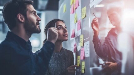 A scrum board with sticky notes representing user stories, tasks, and progress, showcasing the visual organization of agile methodologies.