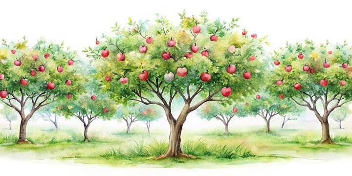 description: Watercolor painting of apple trees on white background, panoramic view