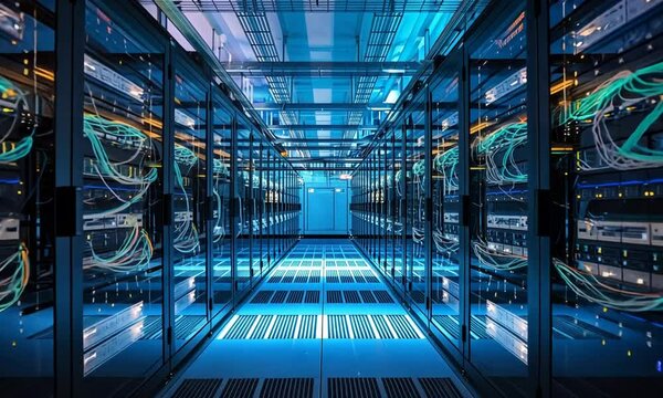 The network transports digital information through the server room of a data center or Internet service provider, concealed behind glass panels in data servers.