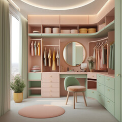 Luxury dressing room with stylish furniture in pastel colors and soft led backlight. Luxury and fashionable interior of modern female dressing room. Dressing room with mirror and pouf. AI generated