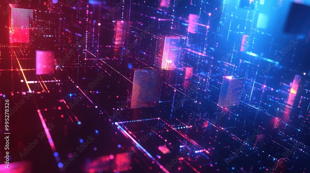 Poster abstract geometric shapes with glowing technology light patterns, creating a sophisticated and moder