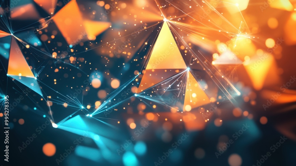 Poster abstract geometric shapes with glowing technology light patterns, creating a sophisticated and moder
