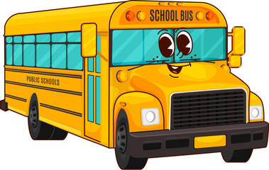 School education bus groovy character. Isolated cartoon vector cheerful yellow schoolbus with happy face and playful expression. Fun and friendly vehicle represents kids transportation and activities