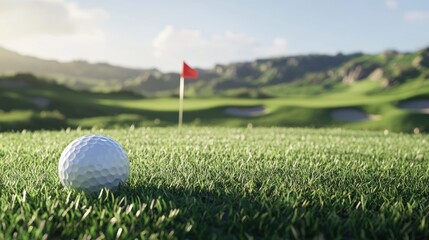 A close-up of a golf ball on a green, with a flag in the background.