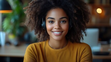 Obraz premium Happy african American woman working remotely on a virtual video team meeting call, remote work and flexible culture concept. Inclusive and diverse workplace. DEI remote working. 