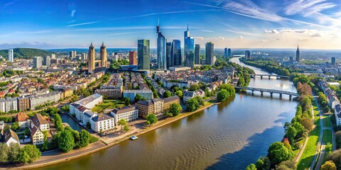 Drone aerial view of Main river and Offenbach with Frankfurt skyline