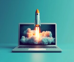 Digital design of a rocket getting lunched from a monitor screen with hued blue and pink background