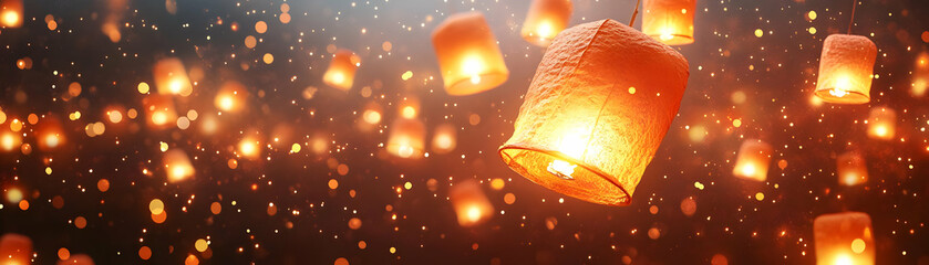 Stunning Loy Krathong Festival Illustration with Glowing Lanterns Isolated on White Background - Magical Essence of Thai Celebration