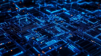 Technological background design of data processor with blue design lights