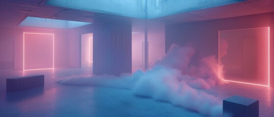 Naklejka premium Neon lights illuminate a smoky room. AI.