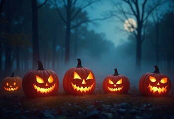 Colorful Halloween pumpkins surrounded by fog in a spooky setting at night
