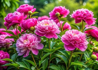 Fototapeta premium Lush Peony Bush in Full Bloom Showcasing Vibrant Flowers and Green Foliage in Garden Setting