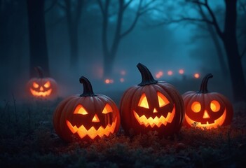 Colorful Halloween pumpkins surrounded by fog in a spooky setting at night