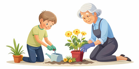 Flat Candid Illustration of Elderly Woman and Young Boy Planting Flowers Together - Intergenerational Unity for Human Rights Day
