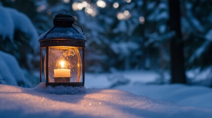 Christmas Lantern in snow with winter forest background. Winter decoration background with Christmas bokeh lights