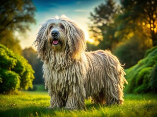 Majestic Bergamasco Shepherd Dog Standing Proudly in a Lush Green Landscape on a Sunny Day