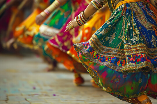 Indian women, gracefully performing Garba dance during Navratri festival.
