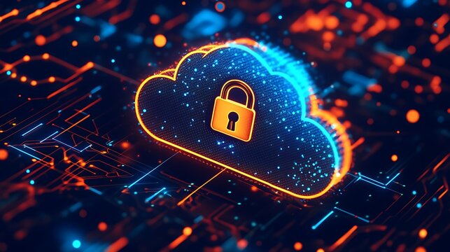 Digital binary background with orange and blue theme design, a digital cloud is the main subject with a padlock on it, cloud computing and cybersecurity concept