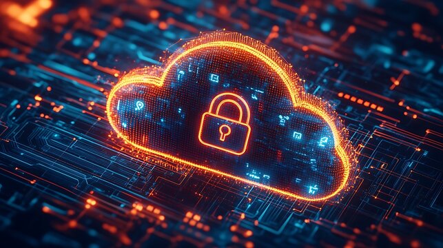 Digital binary background with orange and blue theme design, a digital cloud is the main subject with a padlock on it, cloud computing and cybersecurity concept