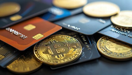 Abstract digital representations of credit cards and coins, symbolizing modern transactions and digital payments