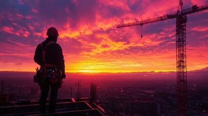 An aerial perspective of a bustling construction site at dawn, where workers are visible in silhouette and the sky is painted with hues of pink and orange, providing a beautiful backlight