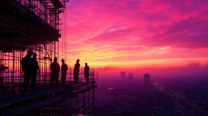 Fototapeta premium An aerial perspective of a bustling construction site at dawn, where workers are visible in silhouette and the sky is painted with hues of pink and orange, providing a beautiful backlight