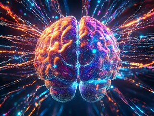 Glowing human brain with orange and blue hue lights with black background, neon lighted design, new ideas and creativity concept