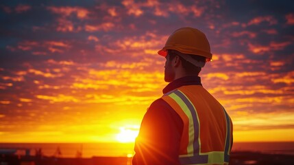 A worker in safety gear standing on a site, looking out towards the horizon with the sun setting behind him, creating a powerful silhouette against the glowing sky