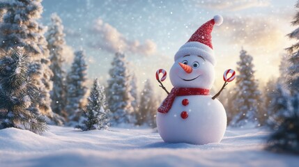 Obraz premium A snowman in a scenic snowy forest with pine trees surrounding it, decorated with festive accessories like a Christmas hat and candy cane arms