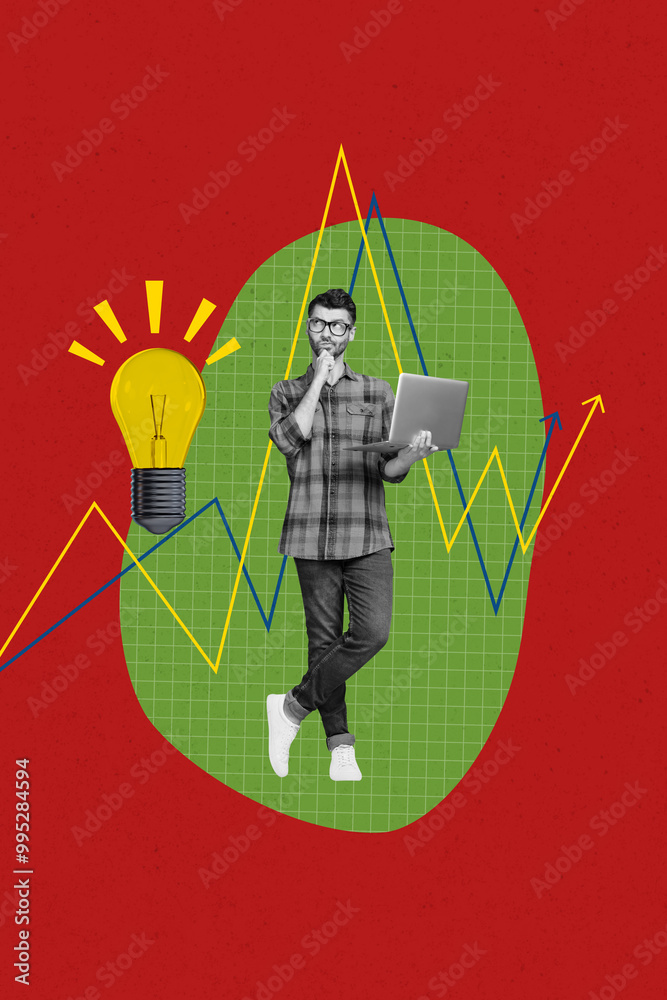Poster Trend artwork sketch image composite photo collage of workspace online sms trader man hand hold laptop stand think stats idea lamp light