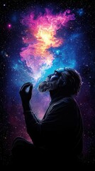 Brahma crafting the universe from stardust, surrounded by vibrant cosmic colors, the creator of all life