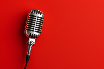 Fototapeta premium Vintage Microphone on Red: Retro microphone on vibrant red background. Perfect for podcast, music, broadcasting, and vintage themes. 