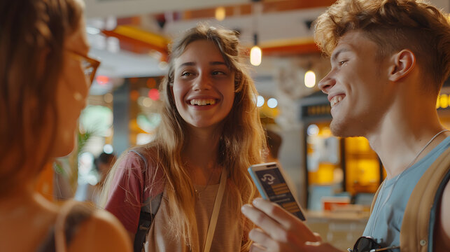 Group of young people takes room key card at check-in of youth hostel guest house - Happy tourists talking with receptionist at hotel lobby - Summer vacations and tourism concept