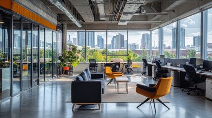 An airy open office space with large windows showcases an impressive city view.