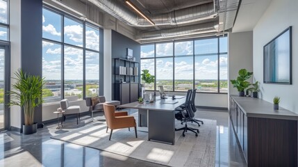 Fototapeta premium An airy open office with expansive windows showcases stunning city views.