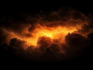 Orange colored lightning between dark colored clouds, stormy weather beautiful sky landscape