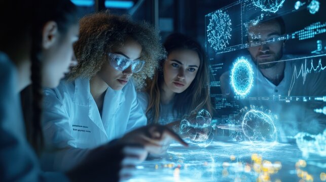 Generate an image showing interdisciplinary research teams working together to address pressing global issues such as climate change public health or sustainable development.
