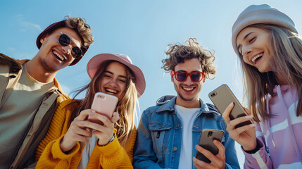 Obraz premium Group of young people using smart mobile phone outdoors - Happy friends with smartphone laughing together watching funny video on social media platform - Tech and modern life styl