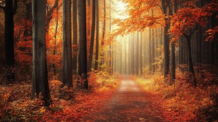 Fototapeta premium An autumn path in a serene forest, where the enchanting scene of fiery fall colors invites a peaceful and reflective walk
