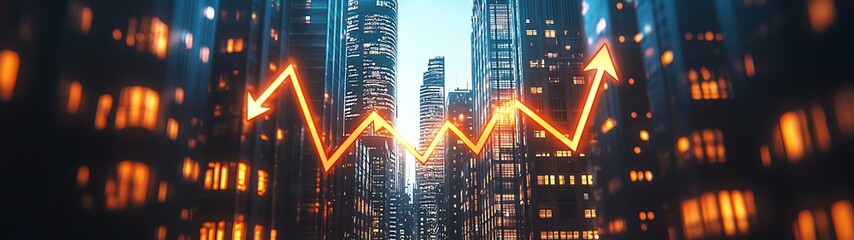 Silhouettes of financial buildings intertwined with glowing arrows pointing upward, symbolizing economic progress