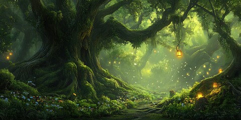 Mysterious fantasy forest with old large trees and green theme, jungle full of wonders